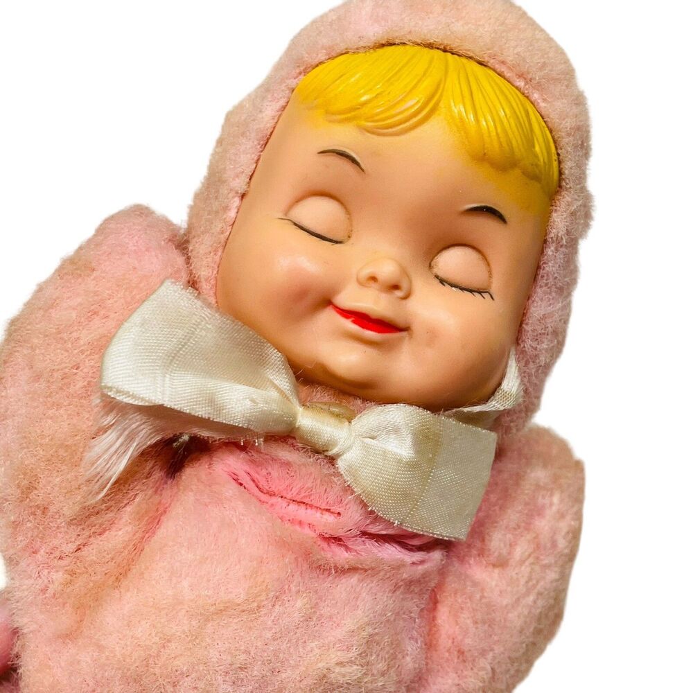 Vintage BANTAM Musical Action Toy Wind Up Baby Doll Brahms Lullaby Works Pink